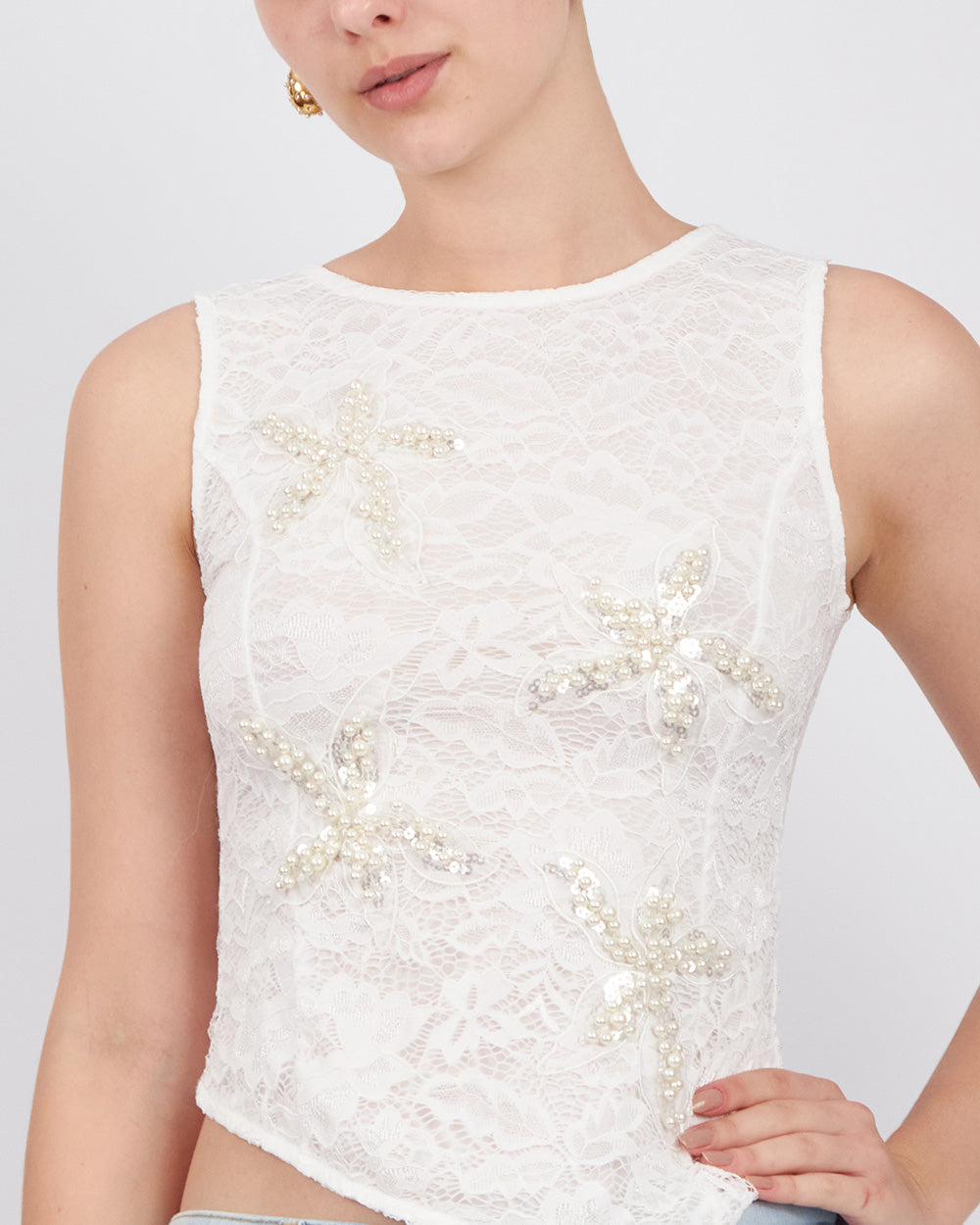 White Top With Pearl Flowers