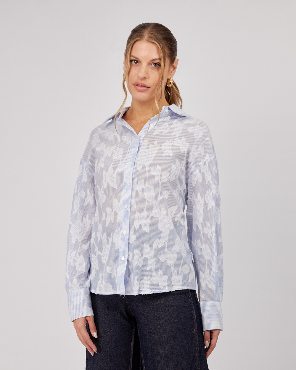 Light Blue Striped Shirt Flowers