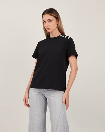 Black Round-Neck Top With Silver Buttons