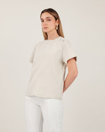 Taupe Round-Neck Top Silver Buttons