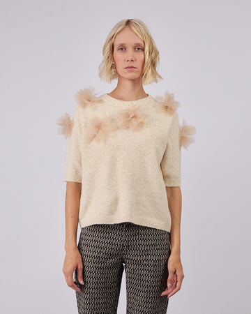 Beige Sweater With Tulle Flowers