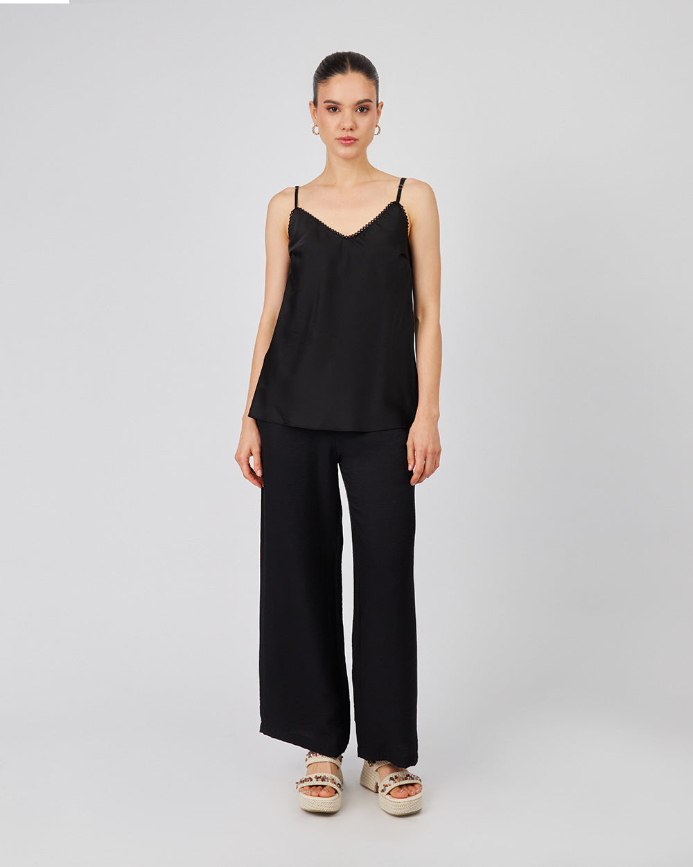 Black Flat Trousers Elastic Waistband
