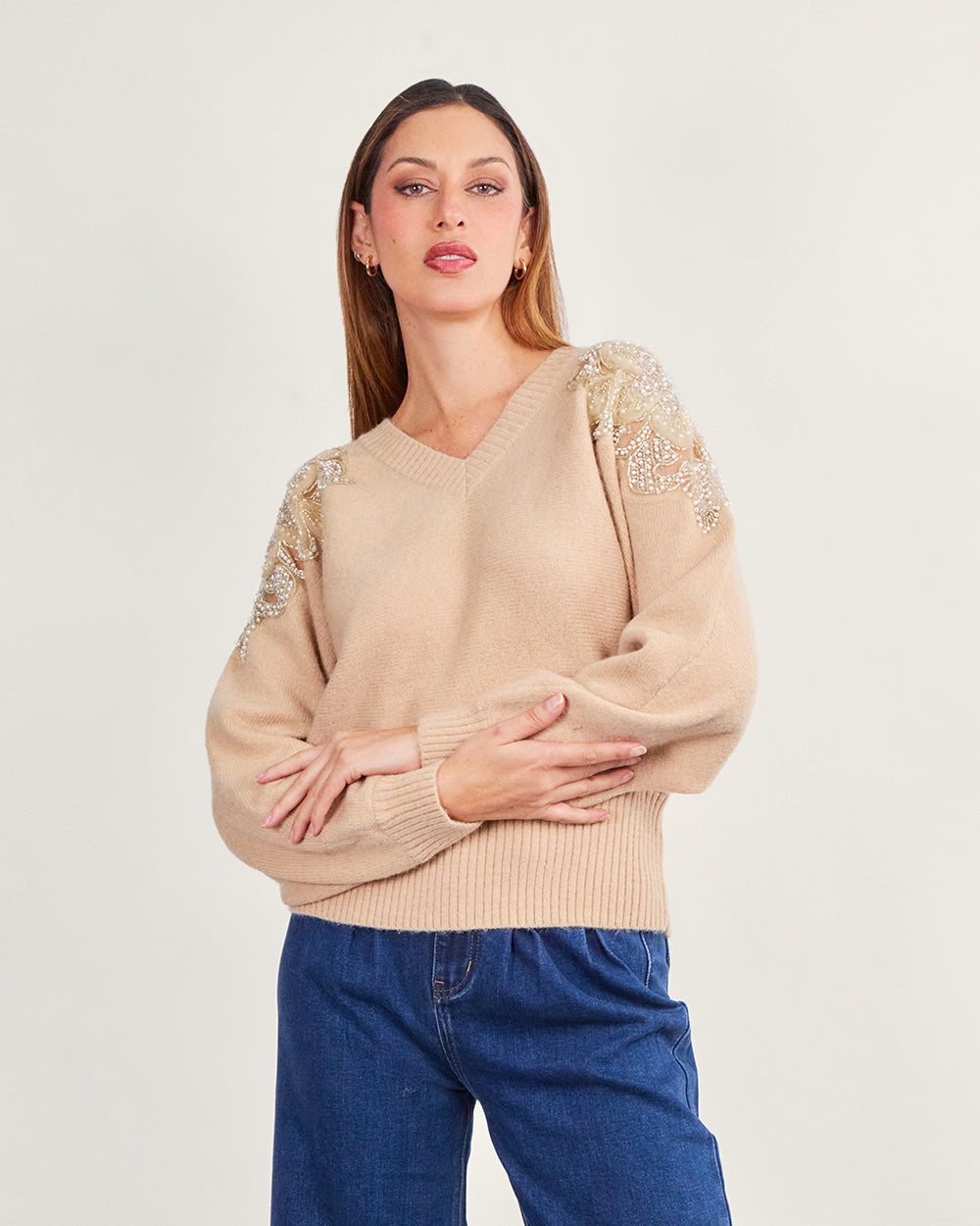 Cream floral v sweater