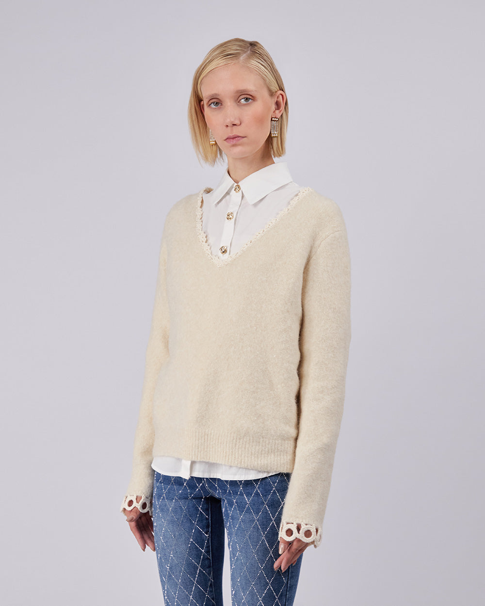 Beige Knitted Sweater With Lace Trim
