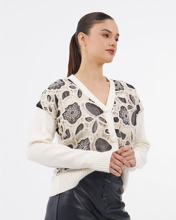 Cream/black knitted V-neck cardigan