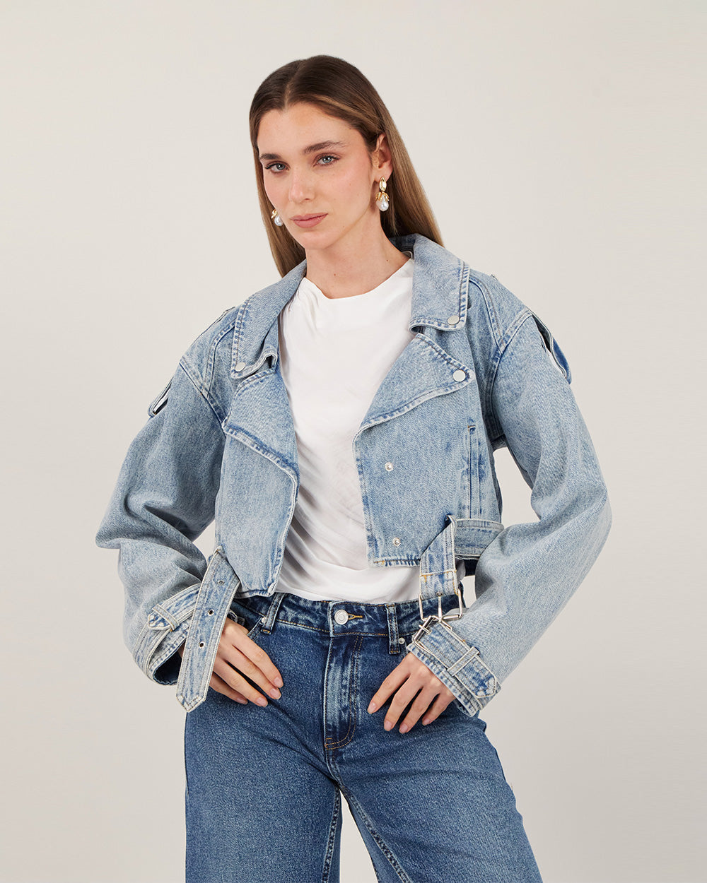 Light Blue Cropped Denim Biker Jacket