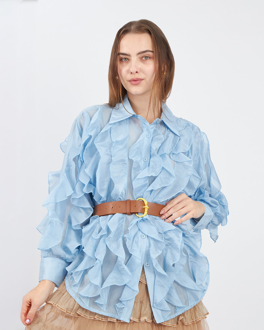 Light Blue Blouse With Ruffles