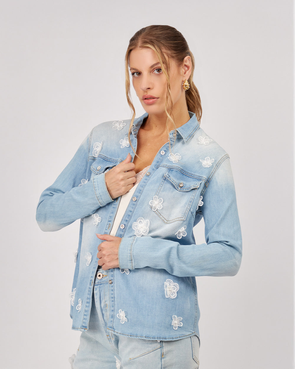 Light Blue Denim Shirt 3D Flowers