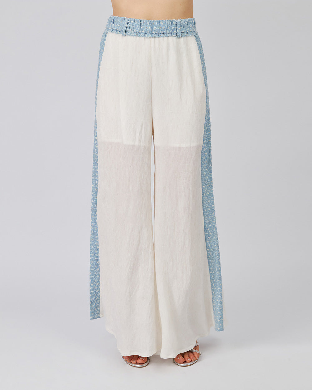 White Trousers Light Blue Stripes