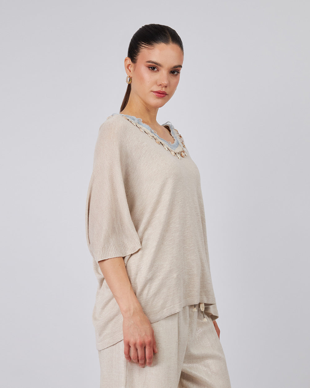 Beige Knitted Blouse Nautical Appliqués