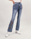 Light blue washed flared jeans with brown floral embroidery