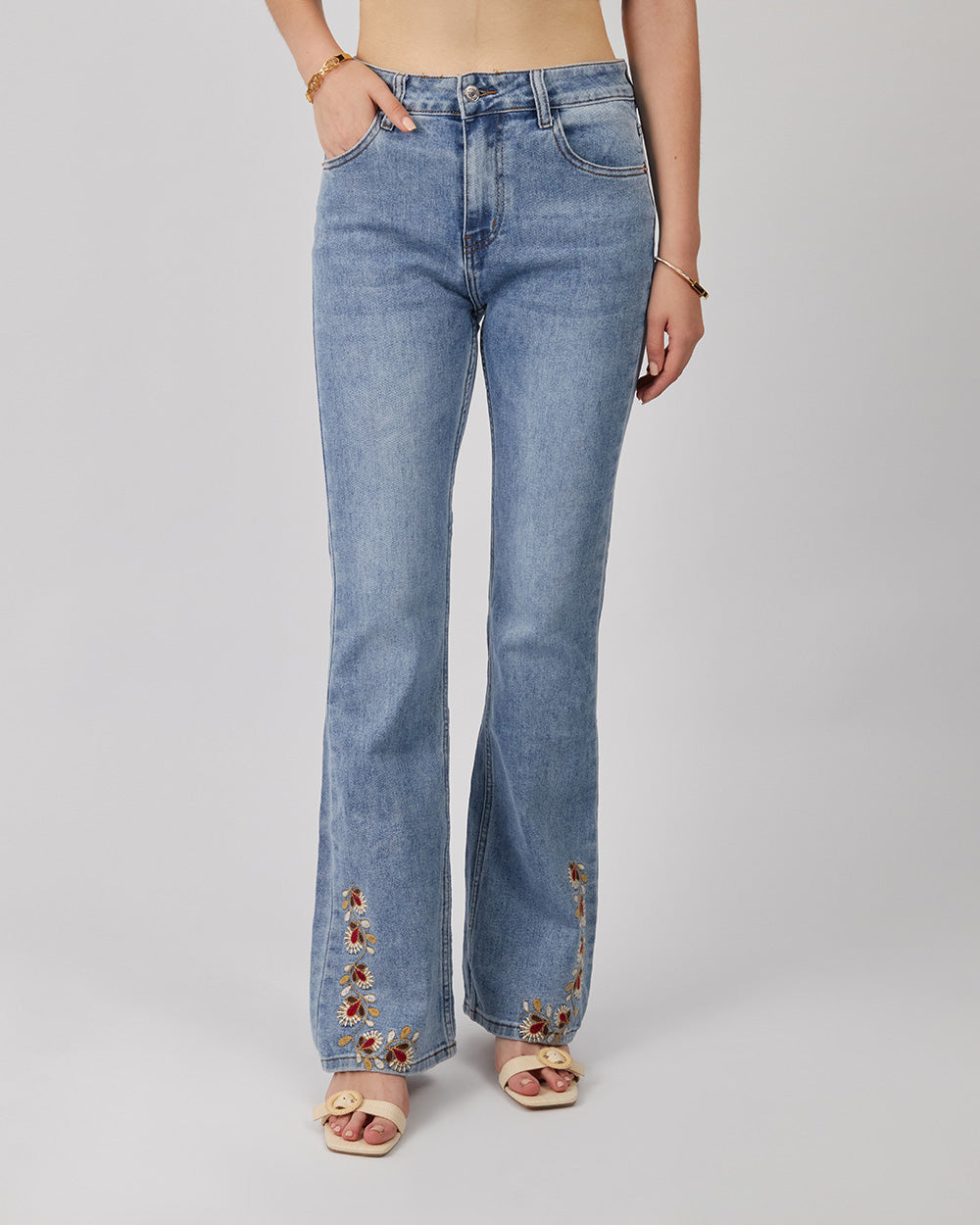 Flower Embroidered Denim Pants