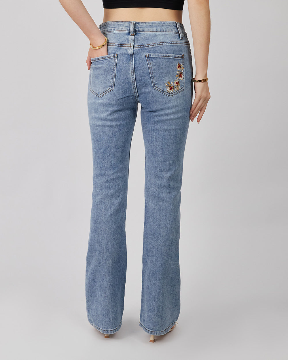 Flower Embroidered Denim Pants