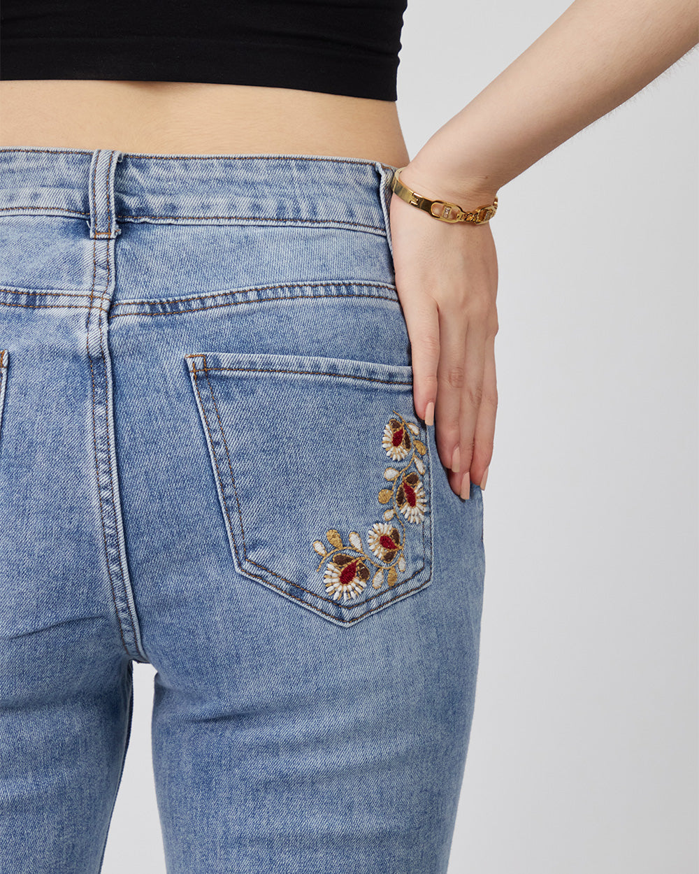 Flower Embroidered Denim Pants