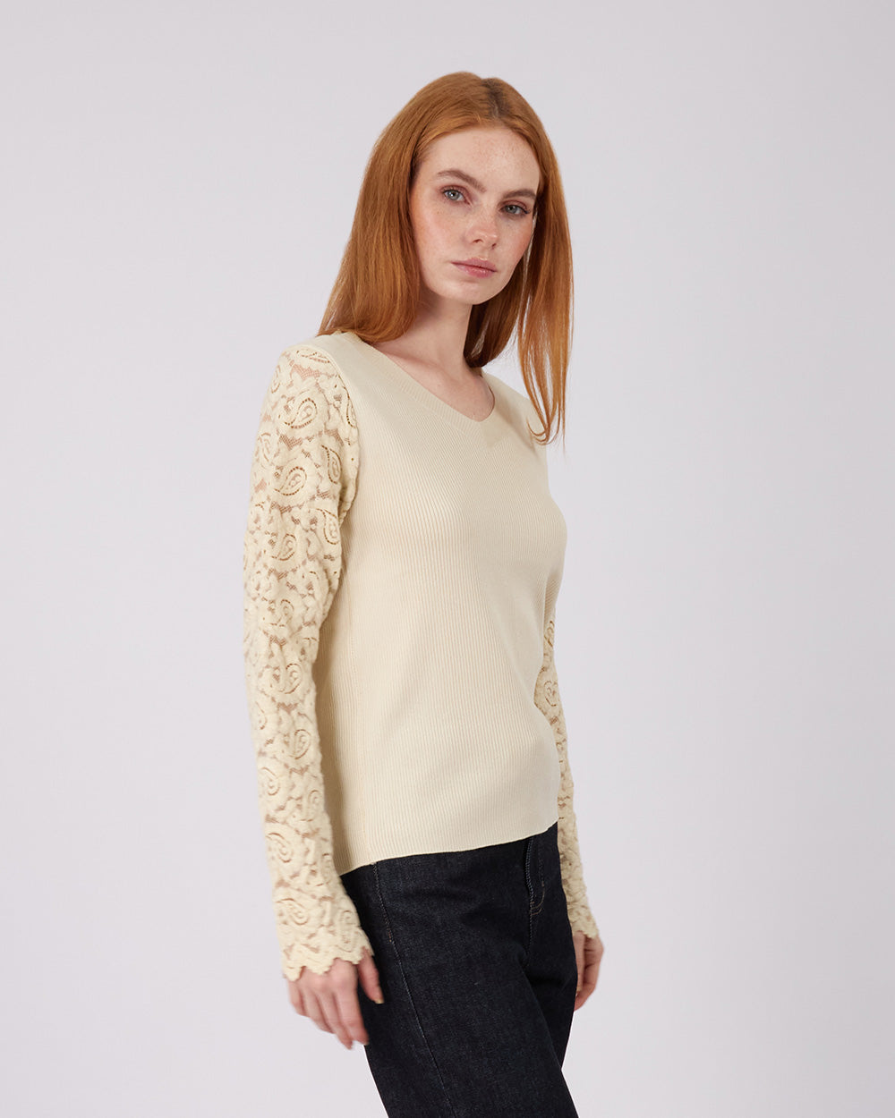Beige Sweater Lace Sleeve