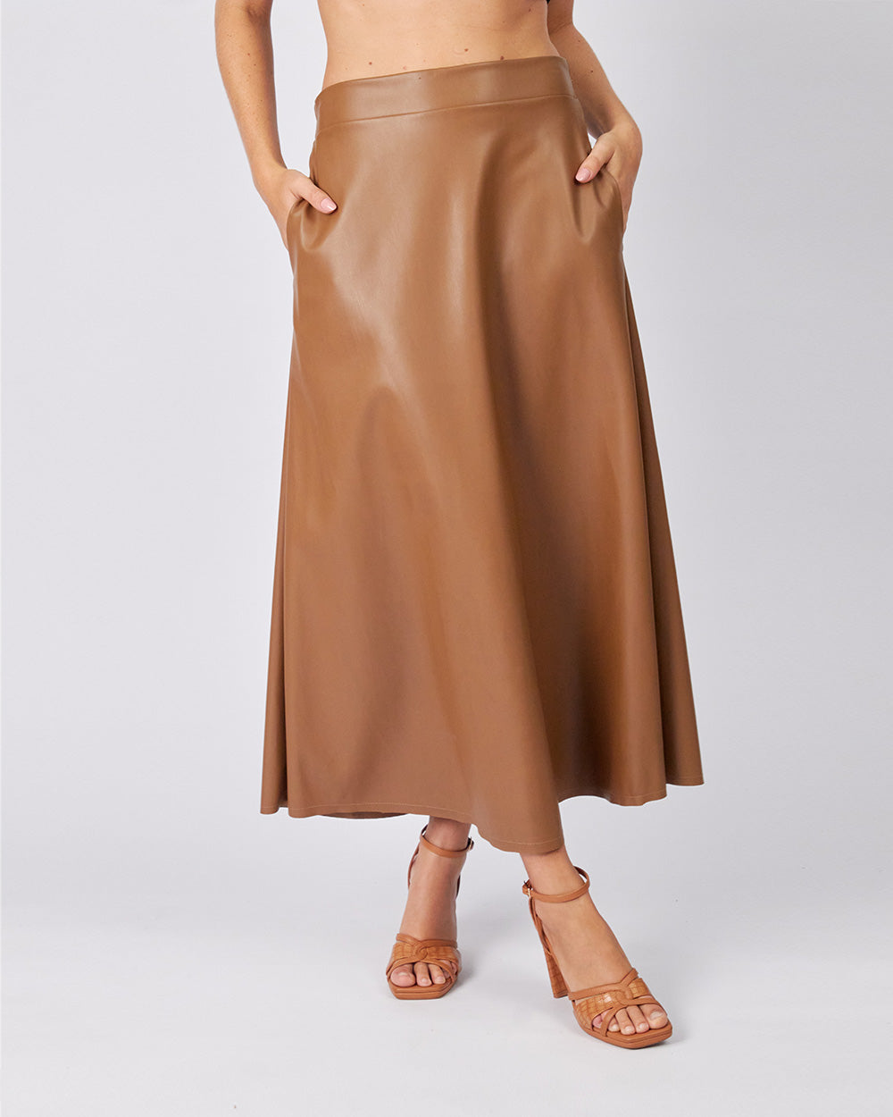 Camel Long Skirt Vegan Leather