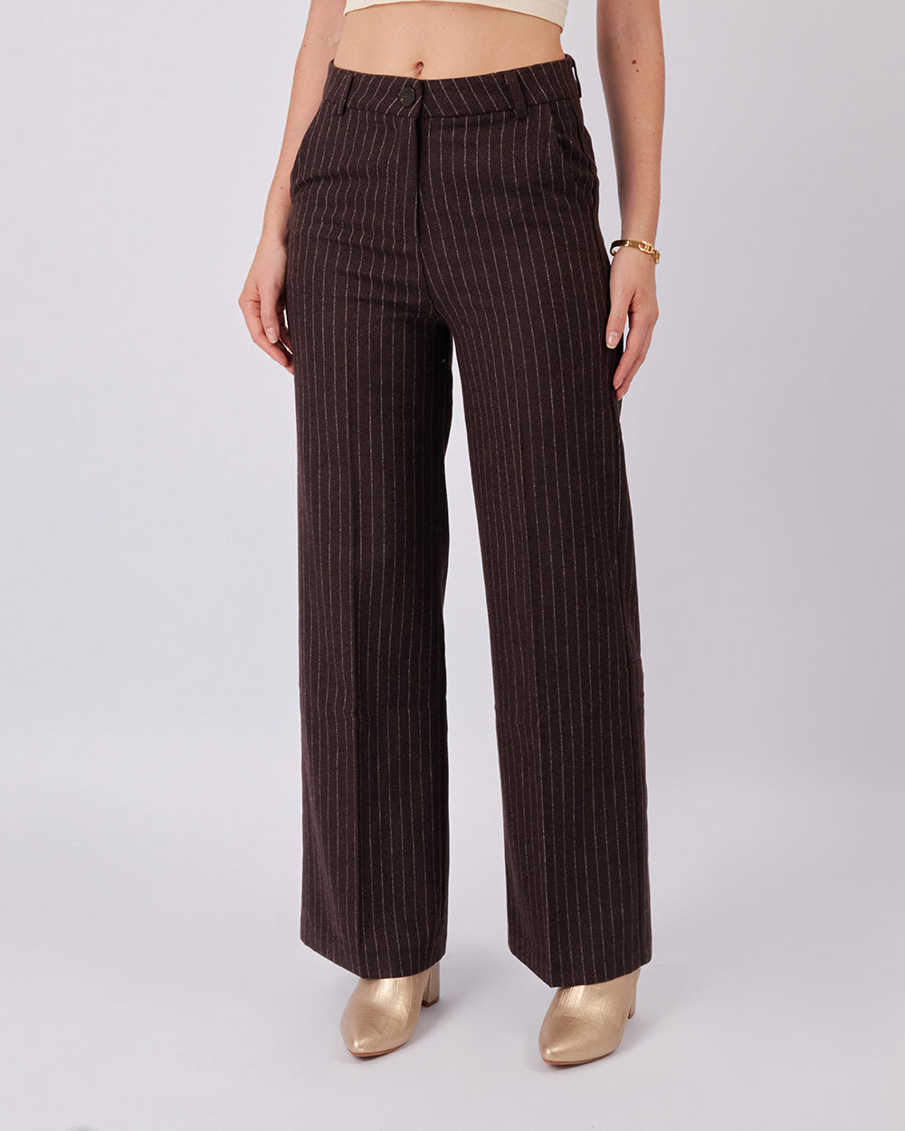 Brown Wide-Leg Striped Pants
