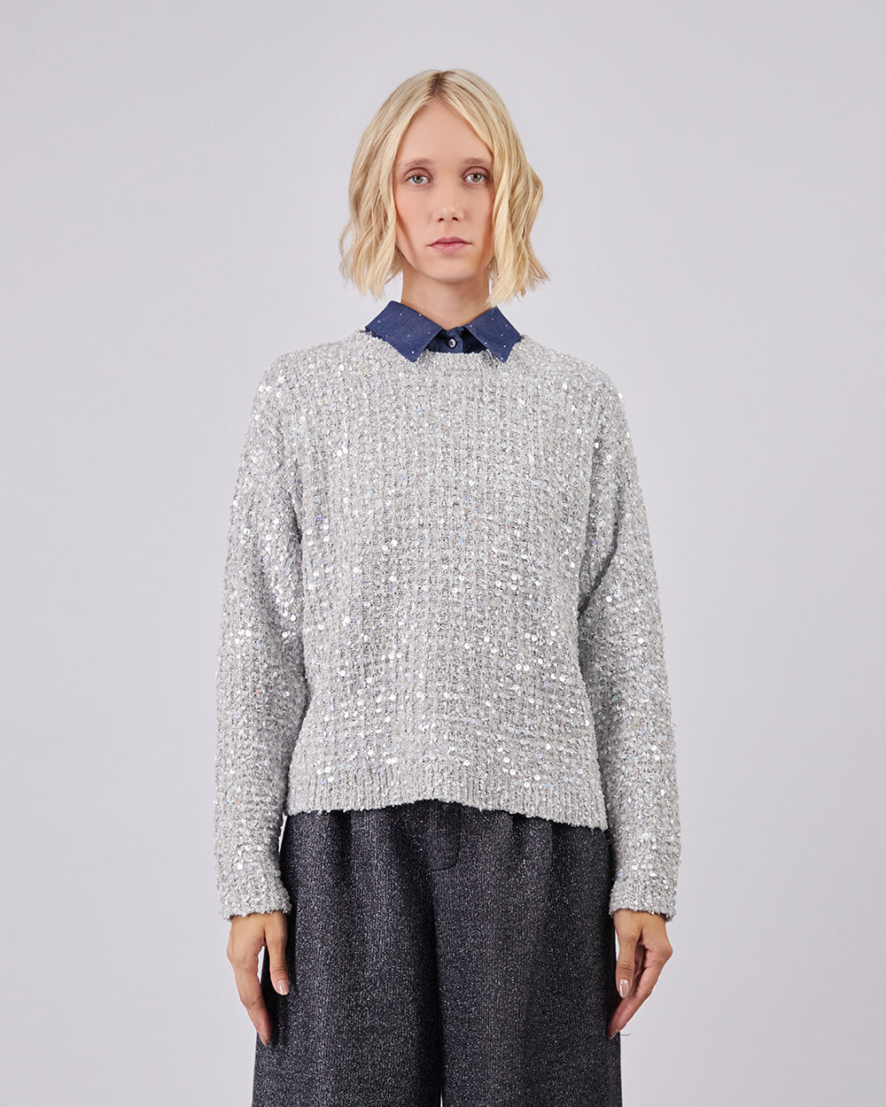 Grey Knitted Sweater With Sequins