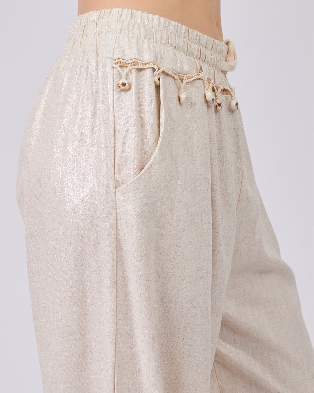 Cream Foil Trousers Dangling Details