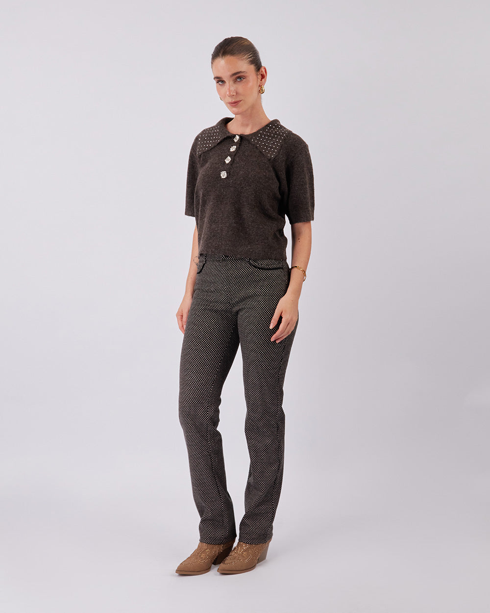 Black/Beige Diamond Pattern Tweed Pant