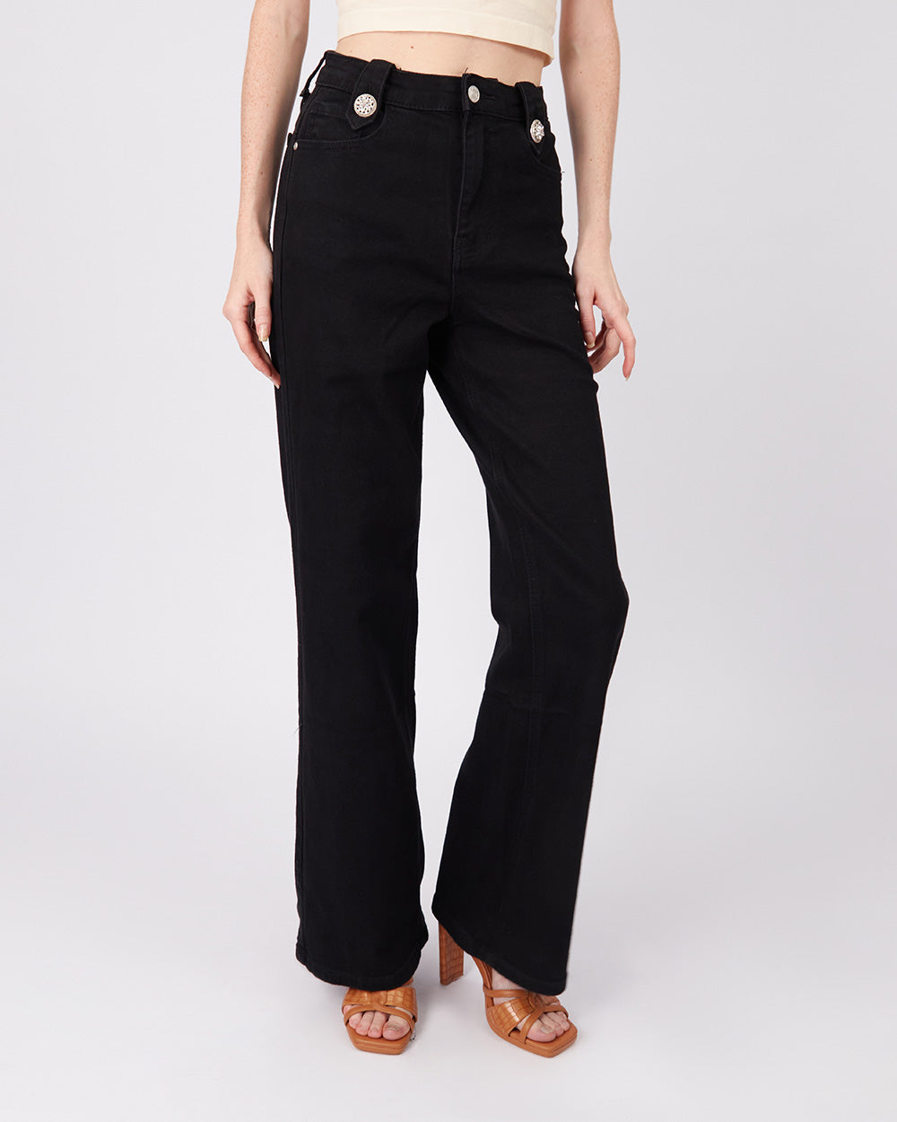 Black Denim Pants Flower Buttons