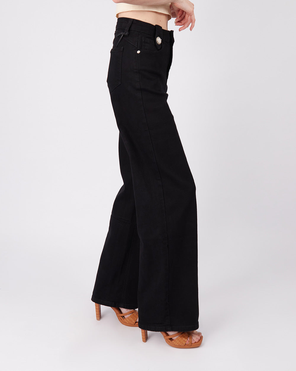 Black Denim Pants Flower Buttons