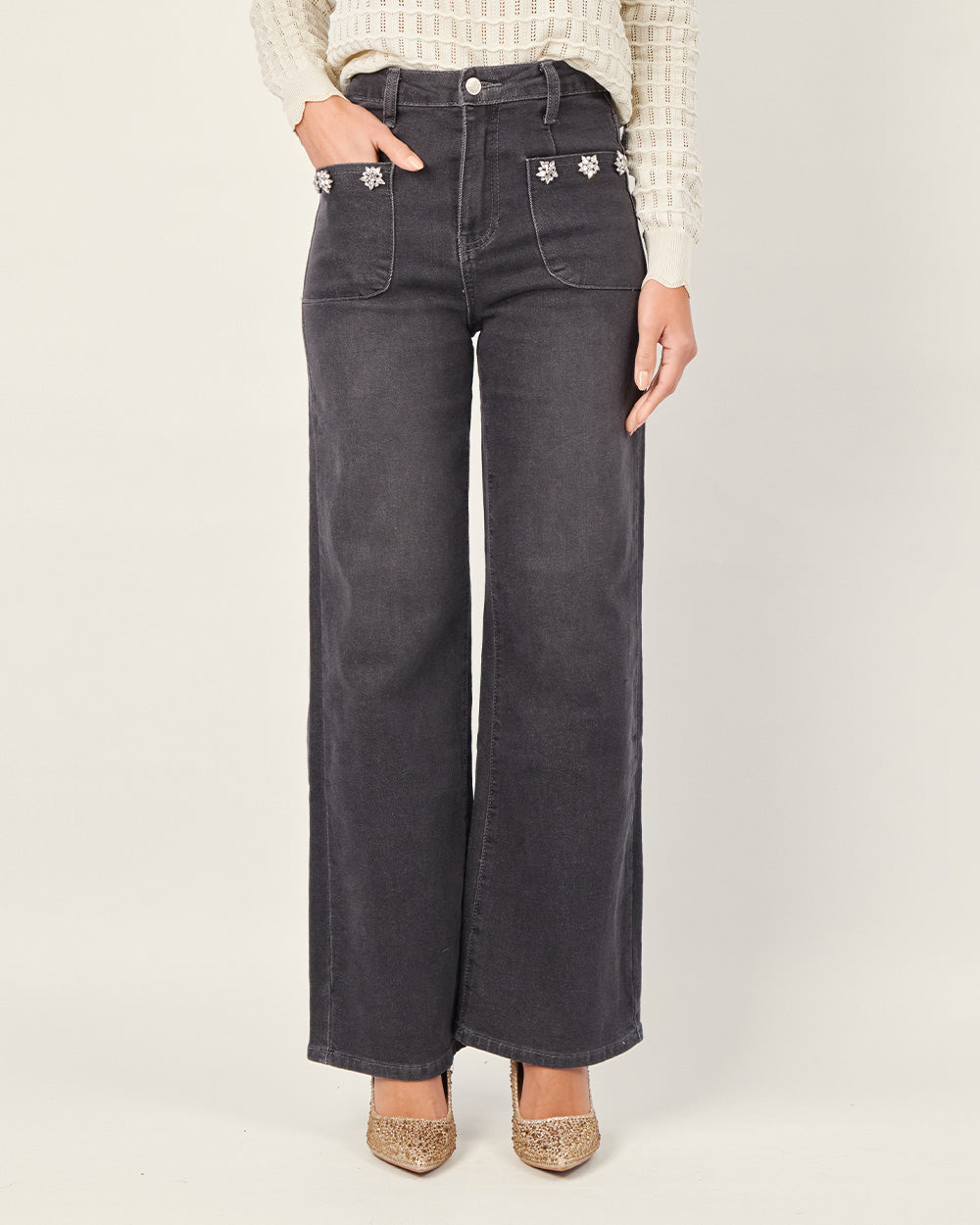 Elegant Black Wide-Leg Denim Pant