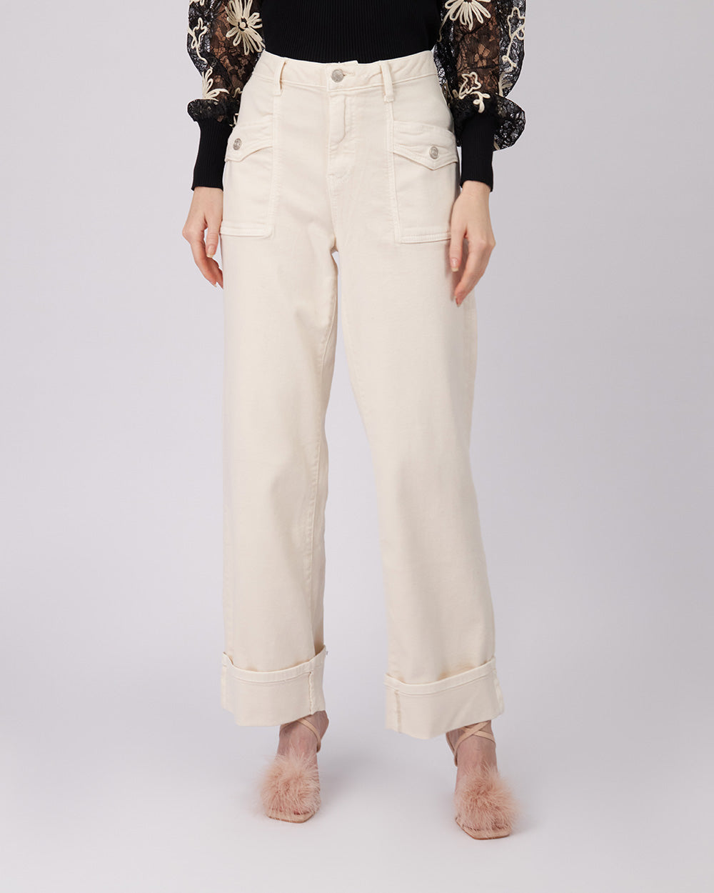 Cream Denim Pants Double Pockets