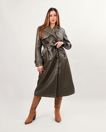 Taupe vegan leather trench coat