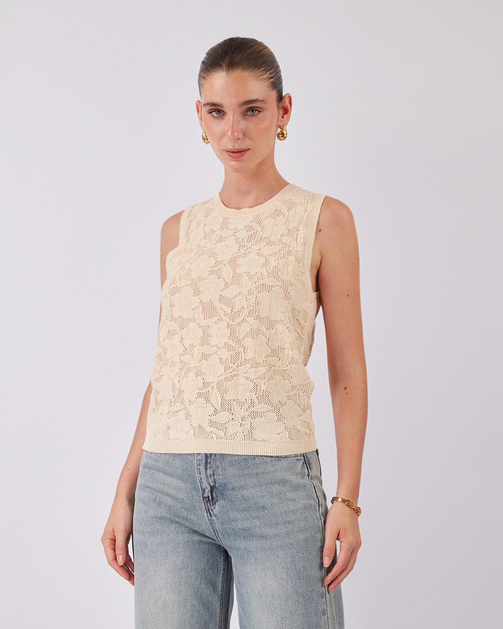 Cream Knitted Vest Floral Pattern
