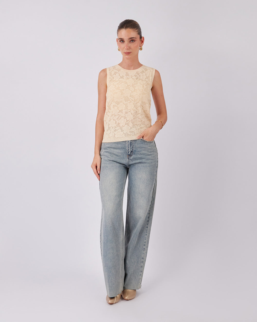 Cream Knitted Vest Floral Pattern