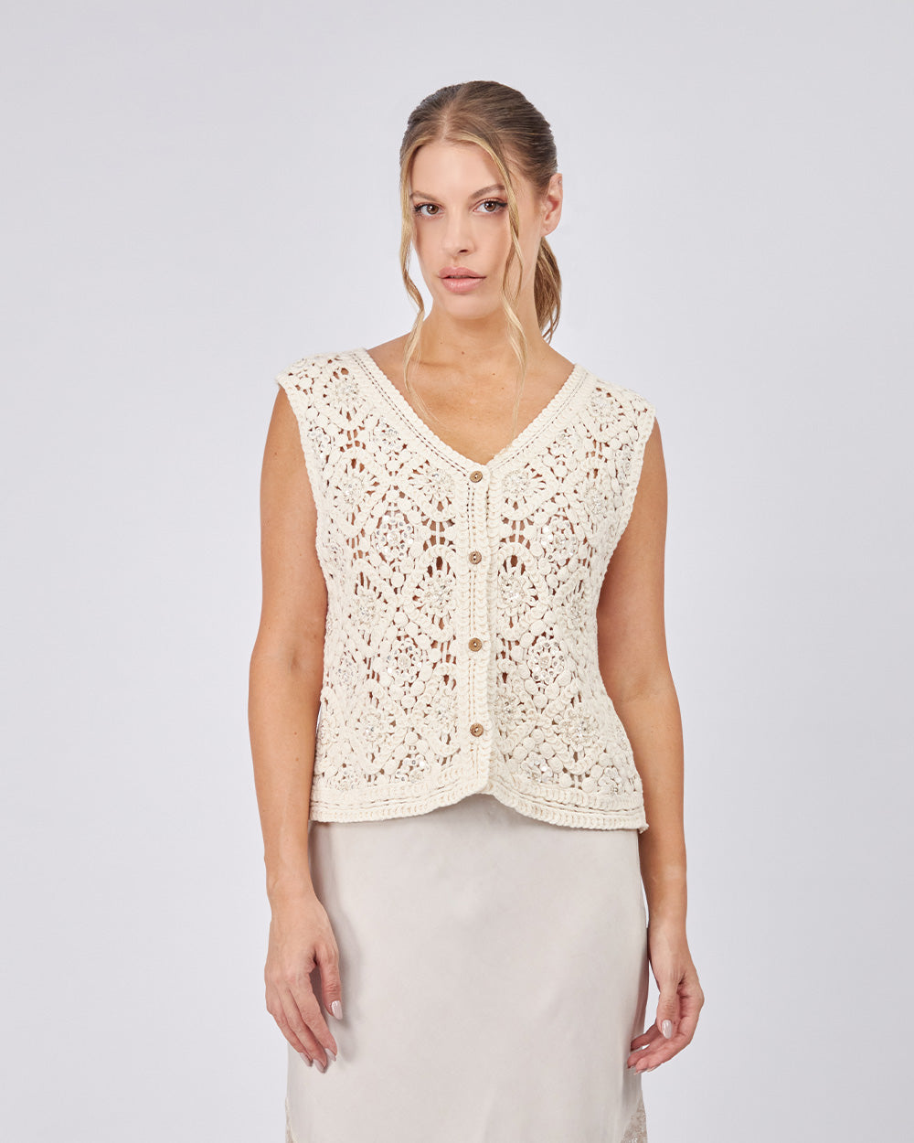 Cream Crochet Top Sequins