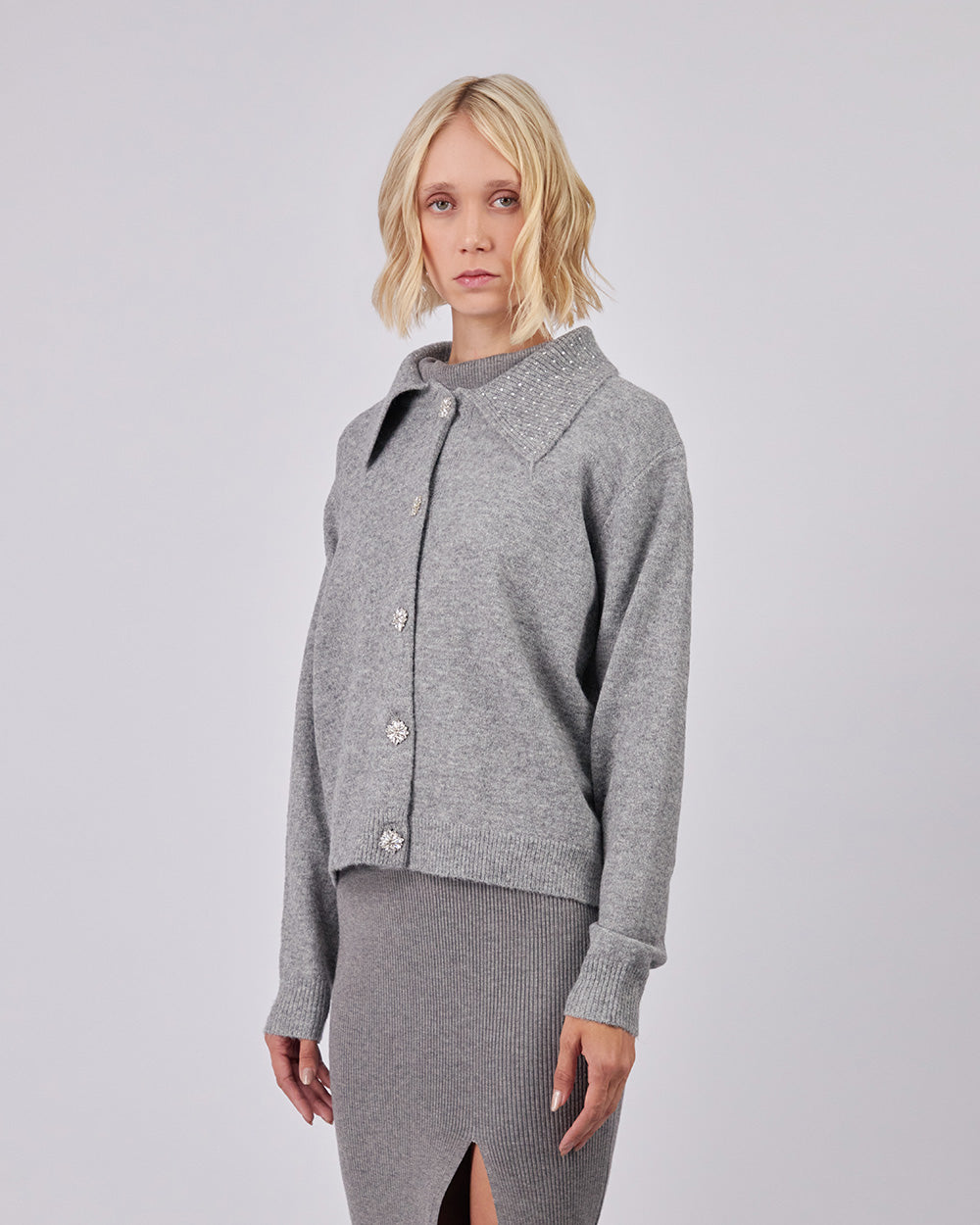 Gray Knitted Cardigan With Sparkle