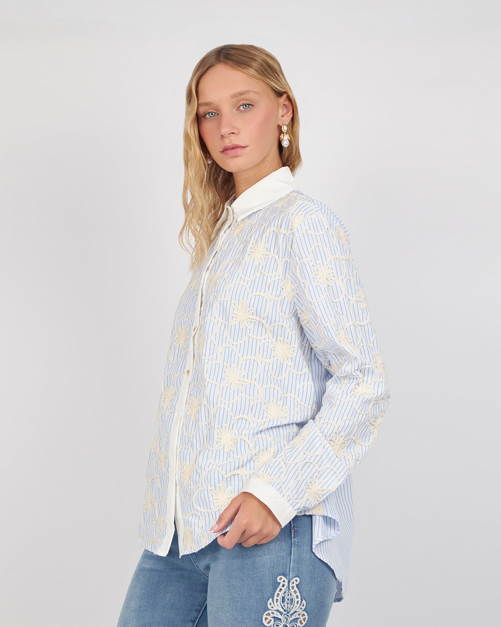 White Shirt With Stripes And Embroidered Flowers