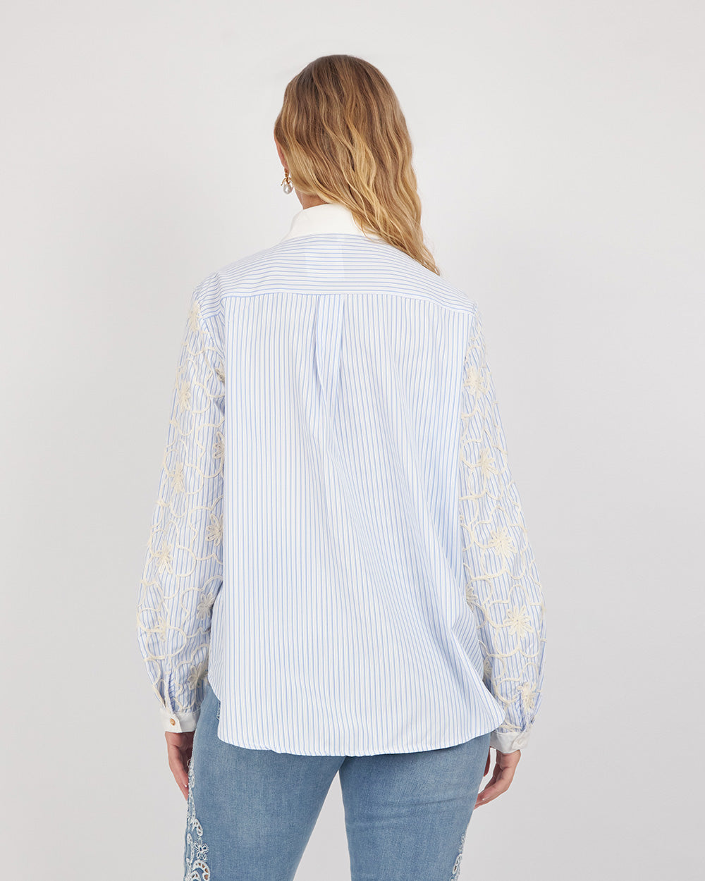 White Shirt With Stripes And Embroidered Flowers
