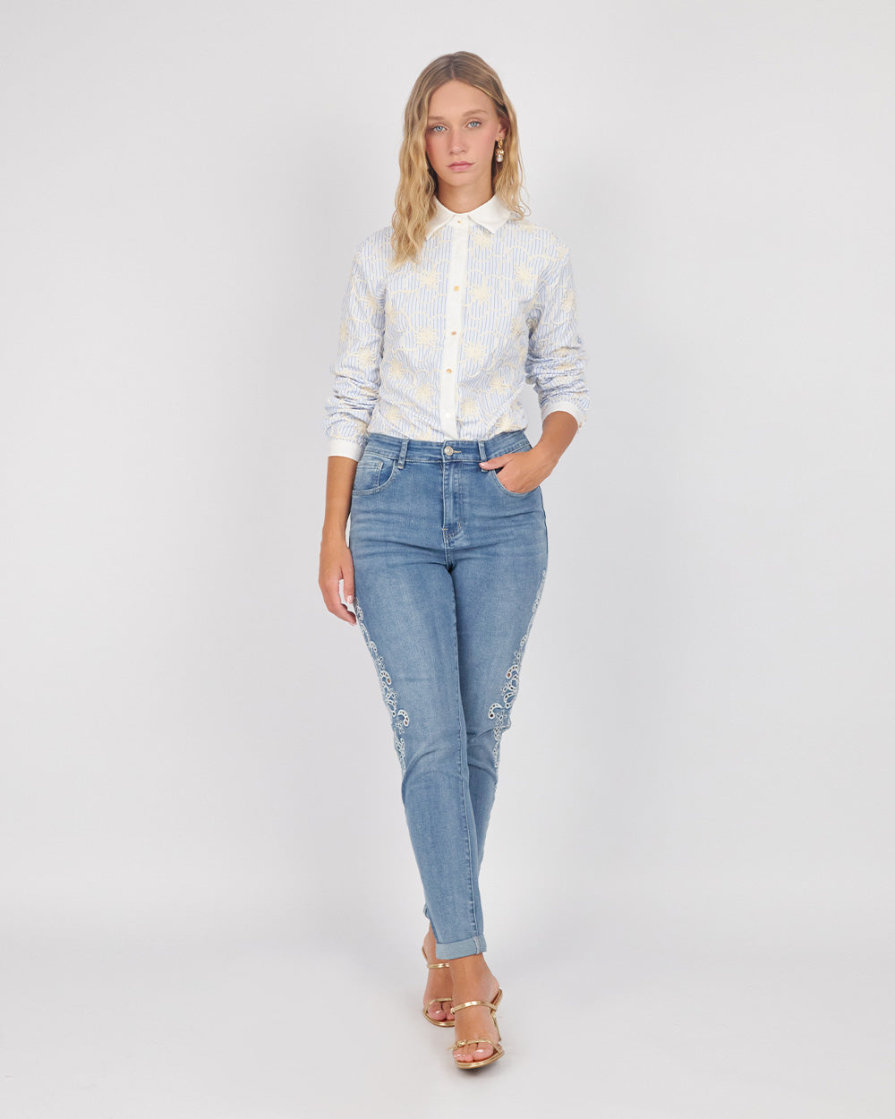 White Shirt With Stripes And Embroidered Flowers