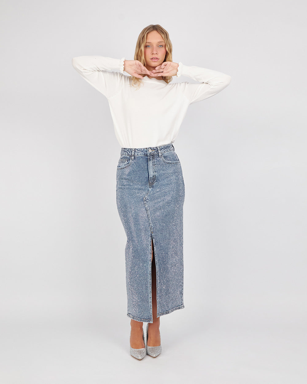 Full Sparkle Denim Blue Long Skirt