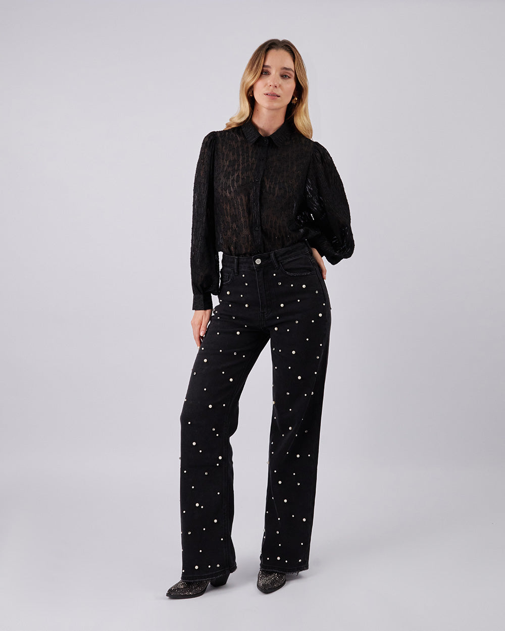 Black Denim Pants With Pearls