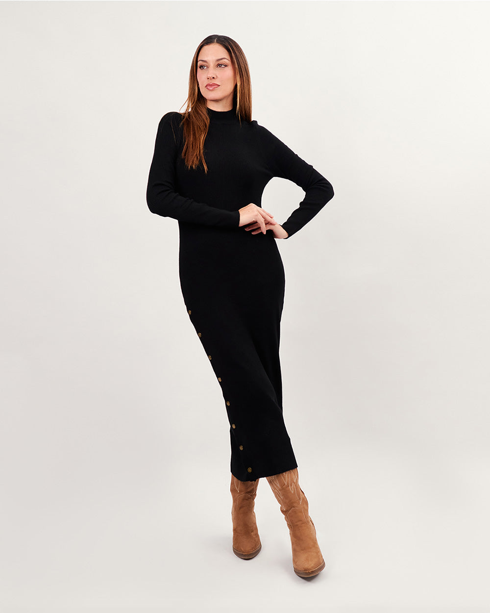 Black high neck knit midi dress