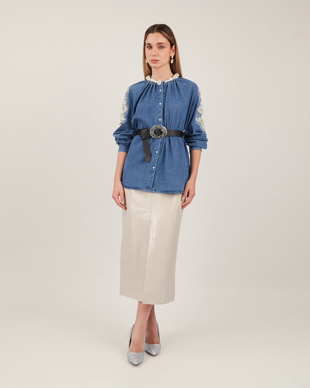Blue Denim Pearl Blouse