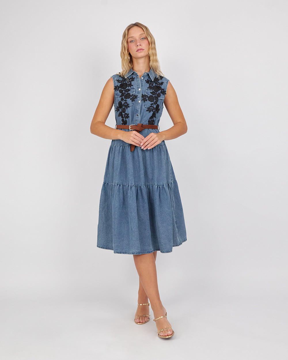 Blue Denim Dress With Black Flowers