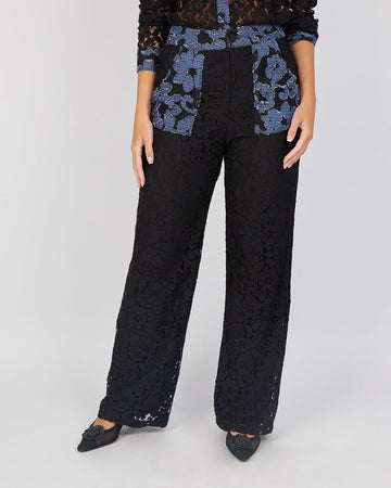 Black Lace Trousers With Blue Appliqués
