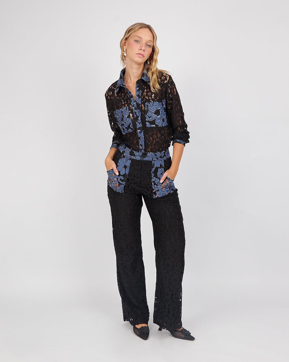 Black Lace Trousers With Blue Appliqués