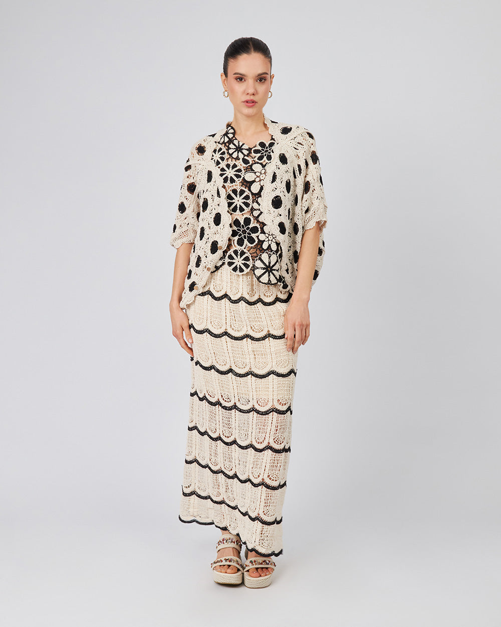 Cream Knitted Cardigan Black Pattern
