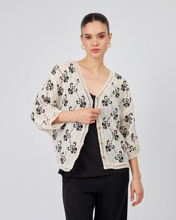 Cream Blouse With Black Pattern