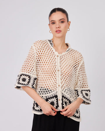 Cream Knitted Cardigan Shirt Collar