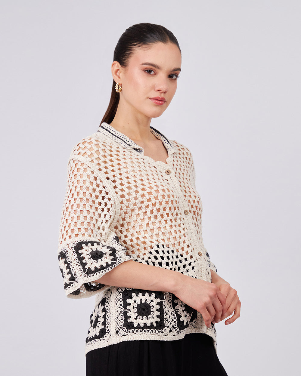 Cream Knitted Cardigan Shirt Collar