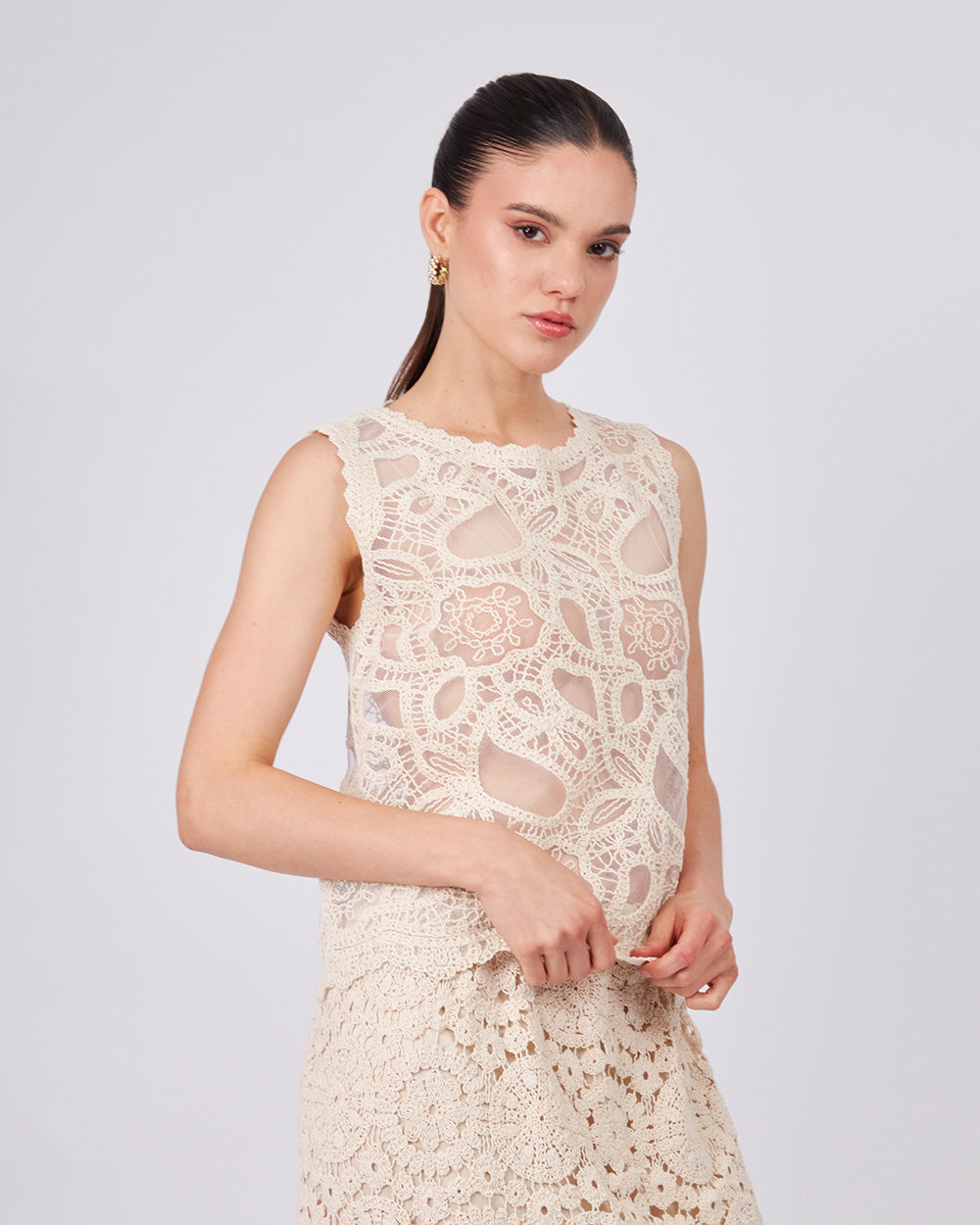 Cream Knitted Top White Tulle