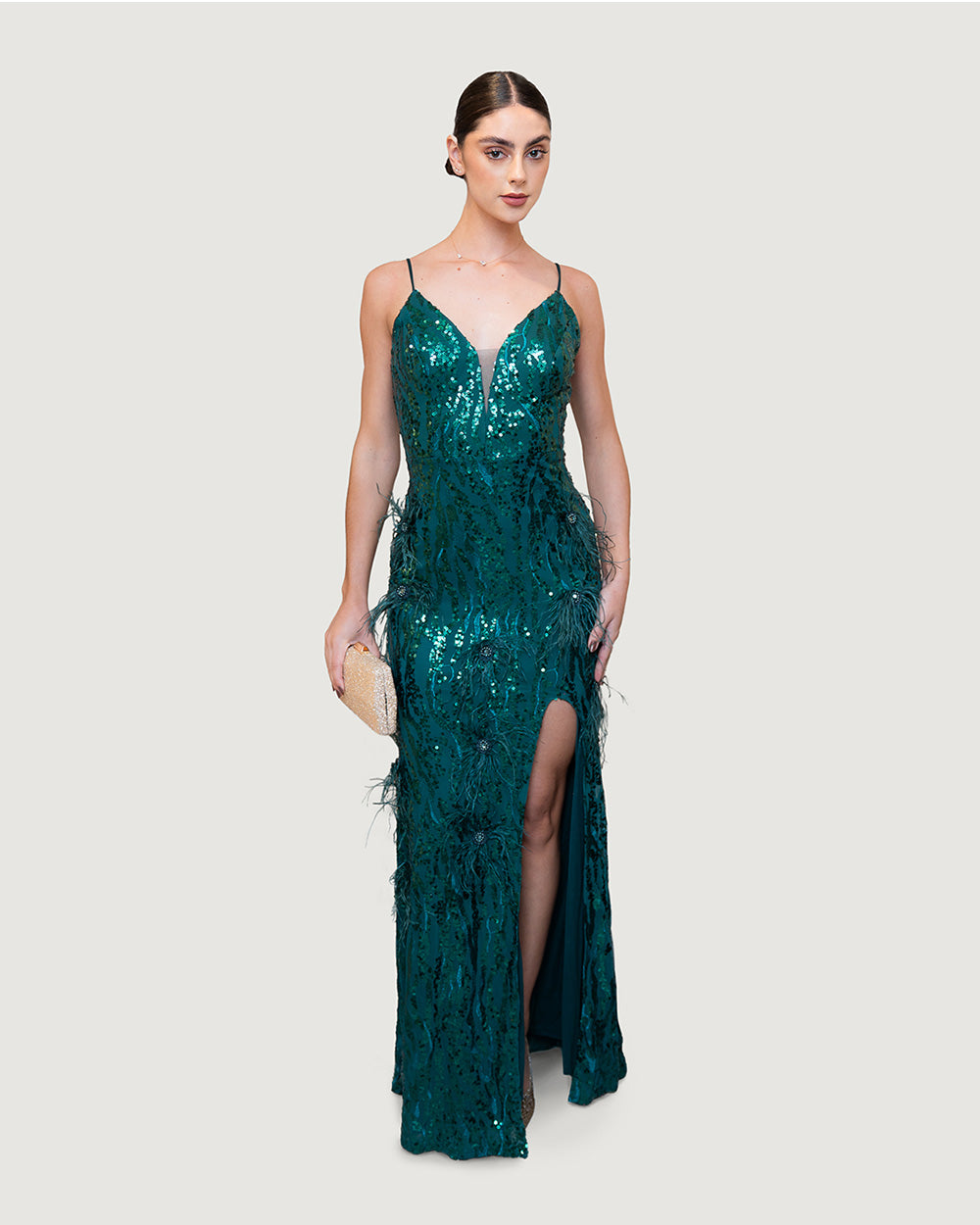 Green Sequin Feather Pearl Gown