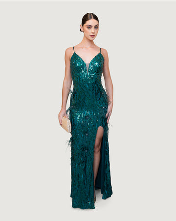 Green Sequin Feather Pearl Gown